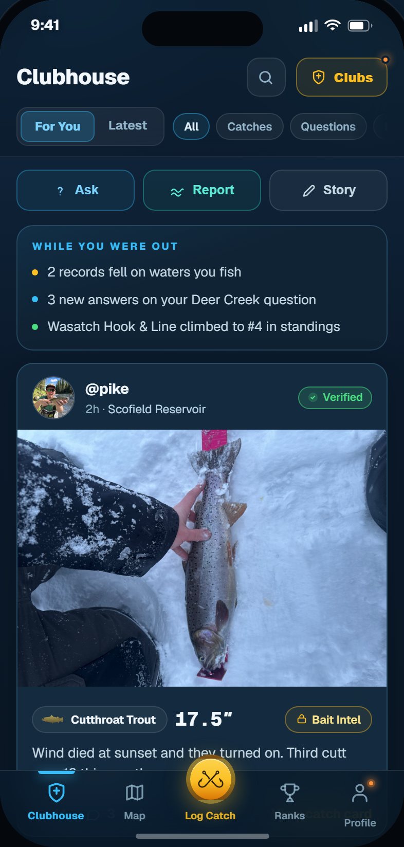 The Clubhouse feed with a verified catch post, fishing reports, and questions