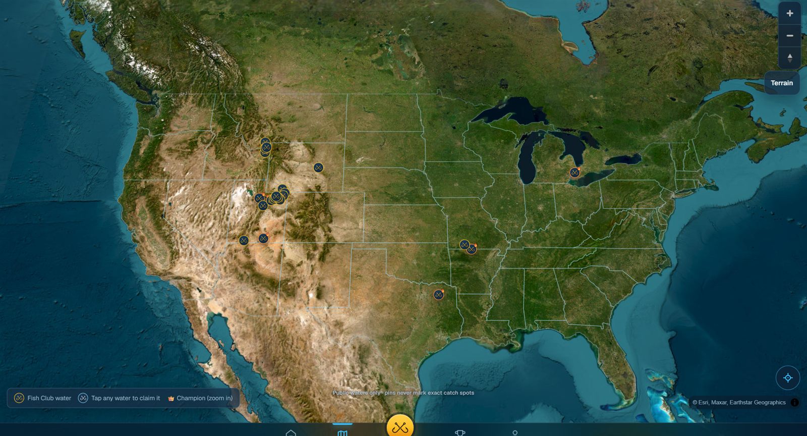 The live Fish Club satellite map of the United States with gold record pins across the country